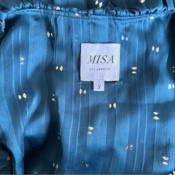 Misa Los Angeles Blue Ruffle Maxi Faux Wrap Long Sleeve V Neck Semi Sheer Dress - Picture 7 of 8